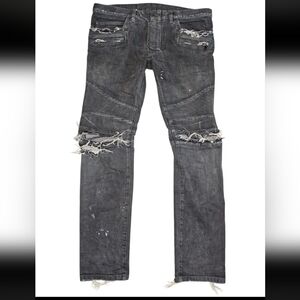 Mens BALMAIN 'Moto Biker' Ribbed Waxed Black Denim Jeans: Size 36x31